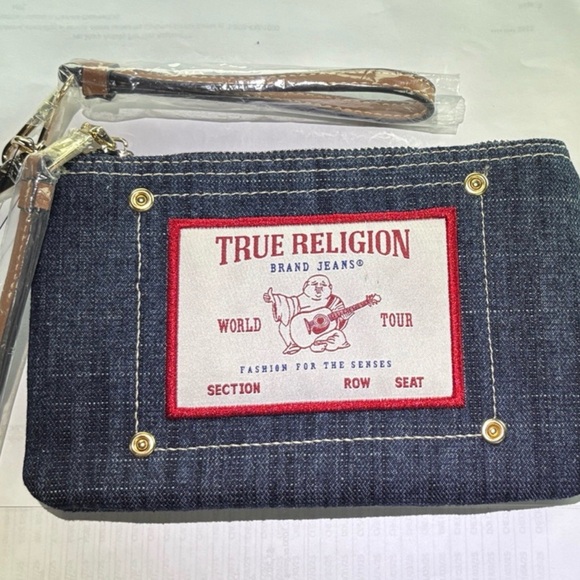 True Religion Handbags - True Religion Denim Wristlet Clutch in Dark Blue with Brown Strap and Red Trim